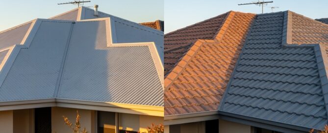 Before & After: House roof transformation from corrugated metal to tiled roof, showcasing "Permacoat" roofing services.