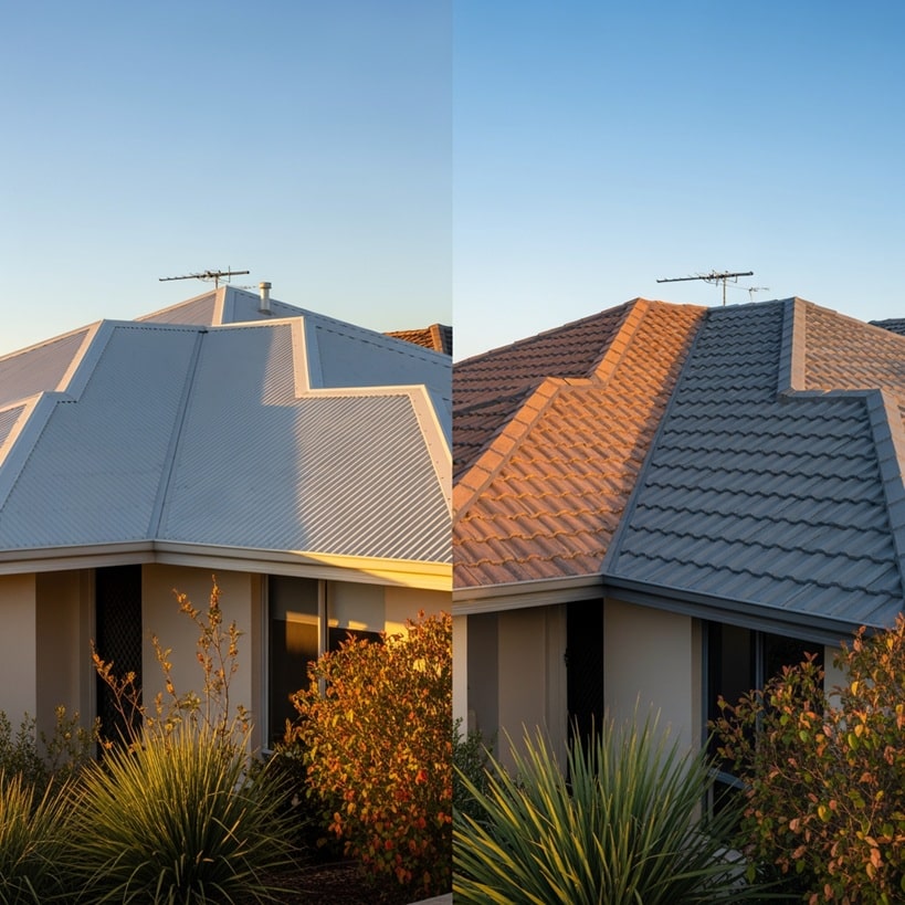 Before & After: House roof transformation from corrugated metal to tiled roof, showcasing "Permacoat" roofing services.