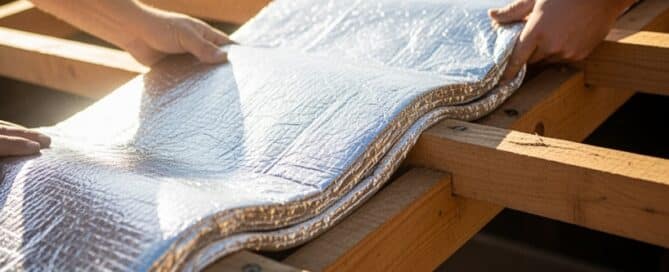 Installing reflective foil insulation under a roof. Hands placing "Permacoat" insulation on timber rafters.