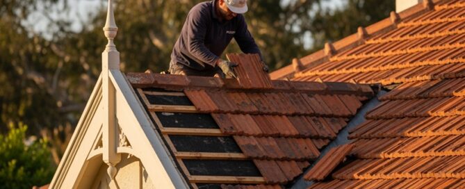 Roofer installing terracotta roof tiles on a period home. "Permacoat" roofing services.