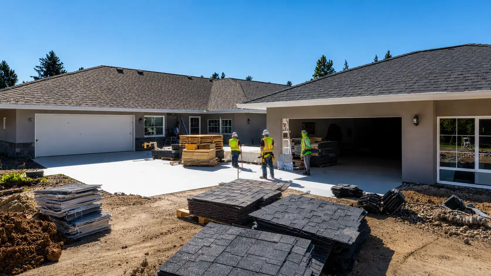 House under reroofing with stacks of removed tiles in the driveway