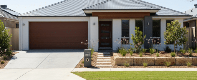 Modern single-story home with corrugated metal roof, brown garage door, and landscaped yard.
