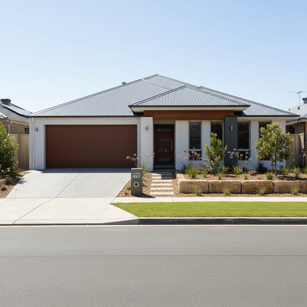 Modern single-story home with corrugated metal roof, brown garage door, and landscaped yard.
