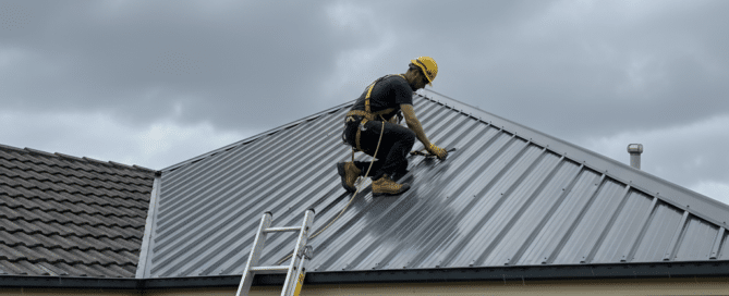 Worker in safety gear climbing metal roof with ladder during overcast weather.