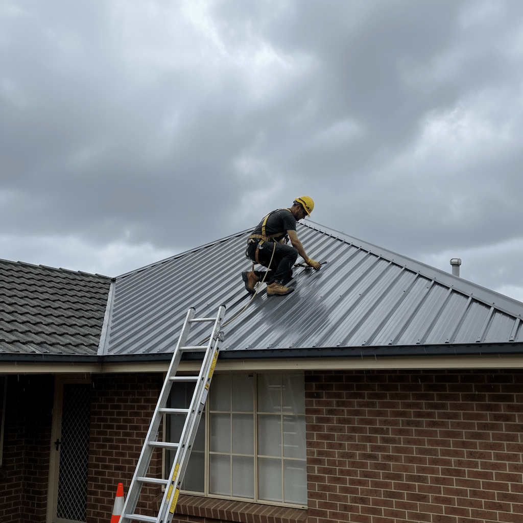 Worker in safety gear climbing metal roof with ladder during overcast weather.