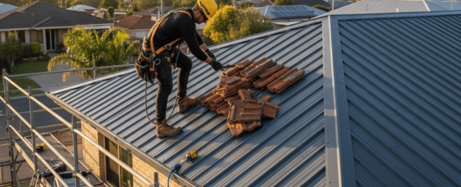 Roofer in yellow hard hat removing old clay tiles from newly installed metal roof in suburban area.