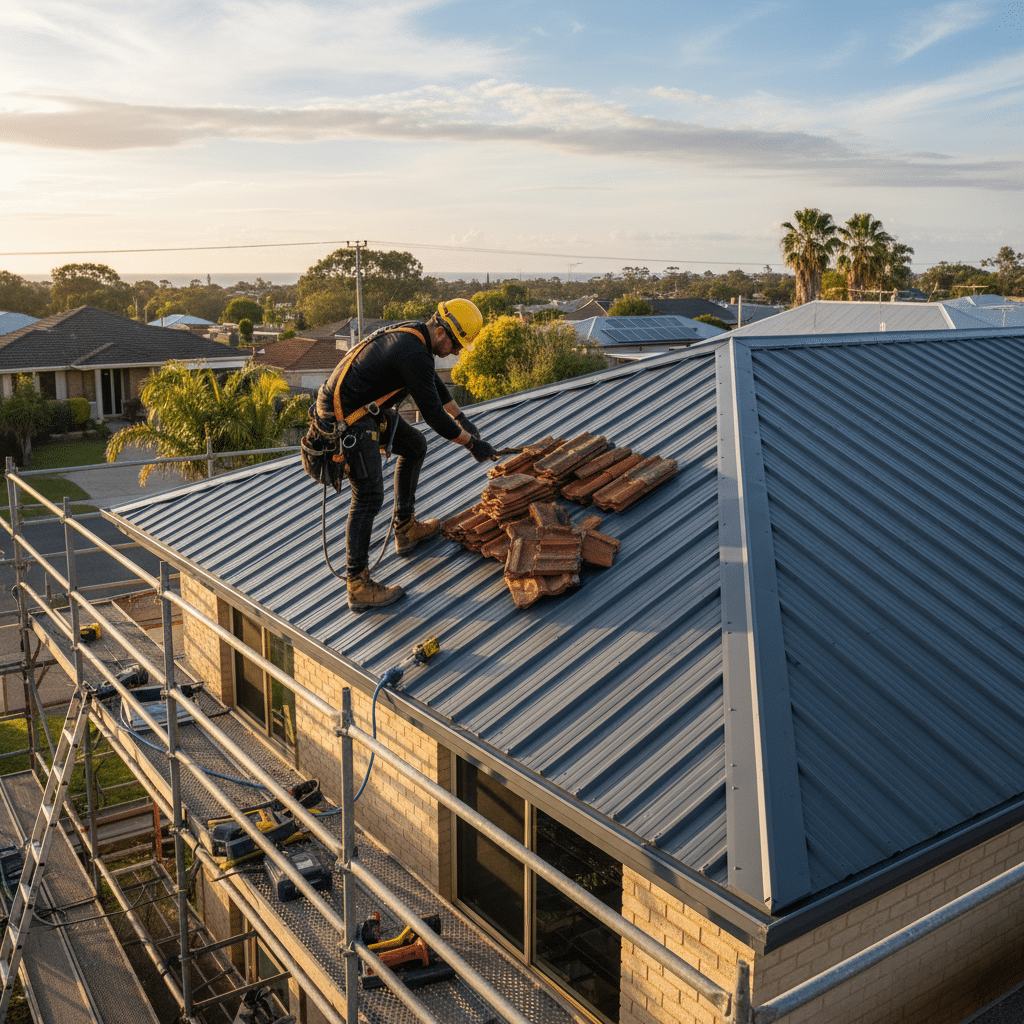 Roofer in yellow hard hat removing old clay tiles from newly installed metal roof in suburban area.