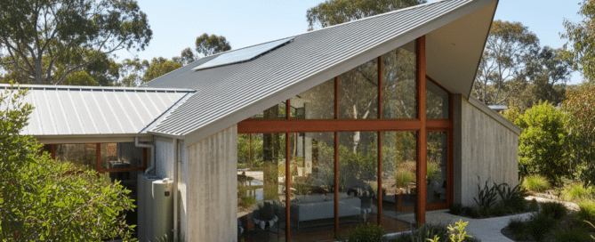 Modern house with metal roof, large windows, and natural surroundings. Sustainable design.