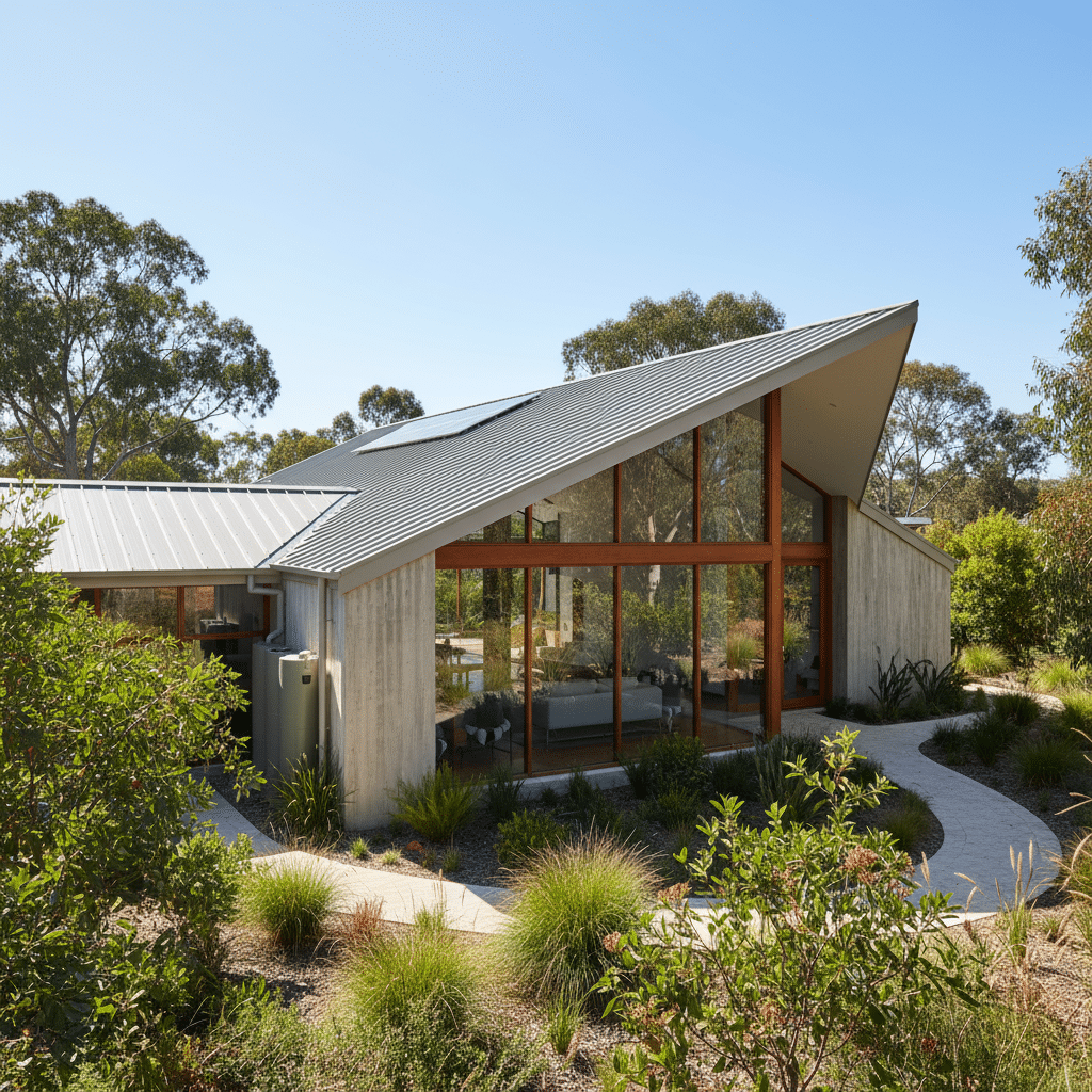 Modern house with metal roof, large windows, and natural surroundings. Sustainable design.