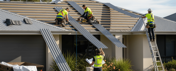 Roofing team re-roofing a modern Perth home with "Permacoat" roofing. Workers install metal sheets on roof.