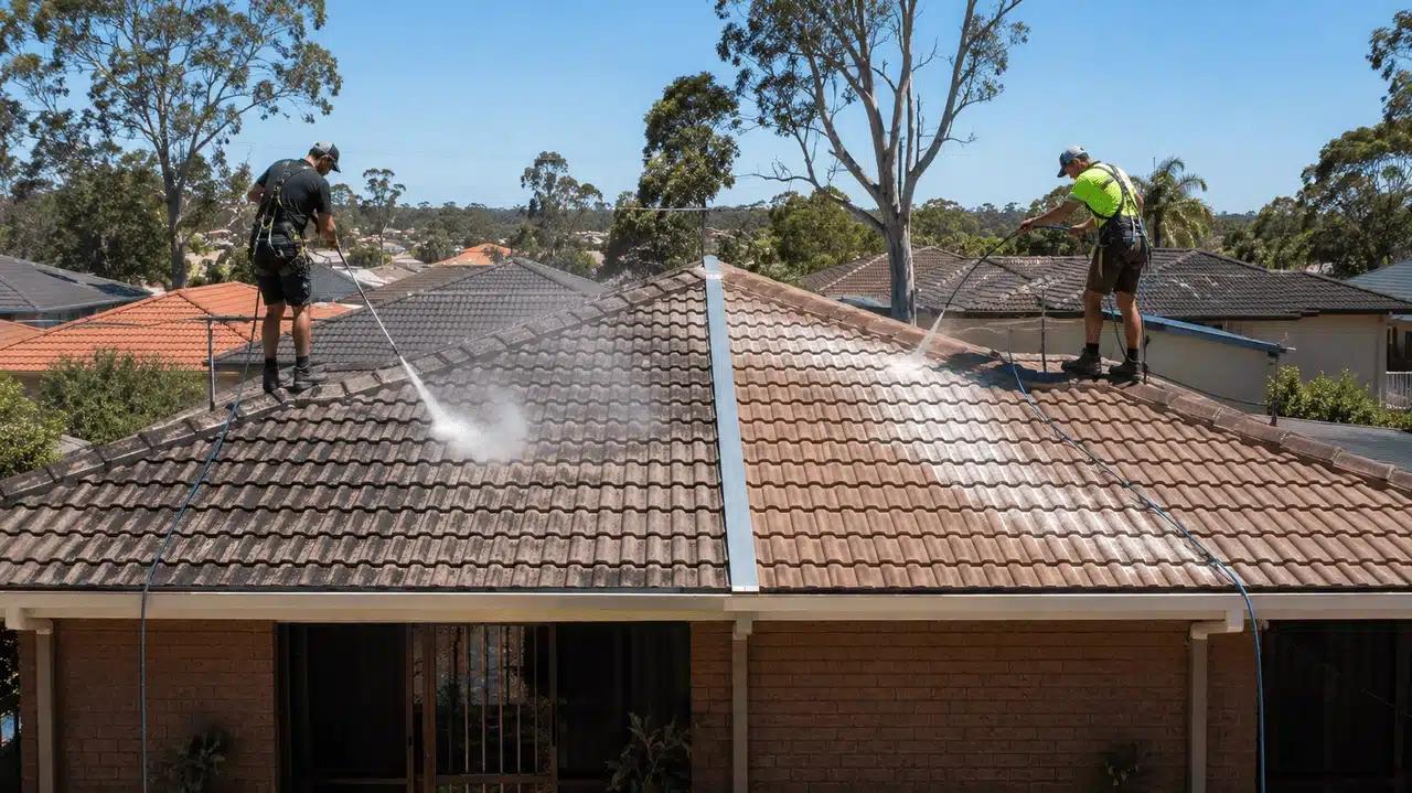 Two workers pressure-washing a terracotta tiled roof