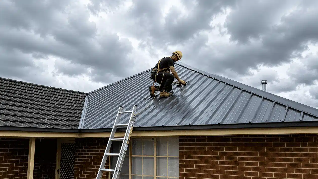 Worker in safety gear climbing metal roof with ladder during overcast weather.
