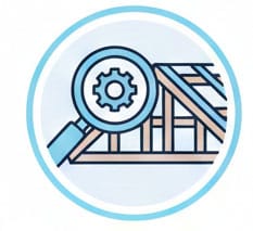 Magnifying glass with gear icon over bar chart representing analysis and performance optimisation.