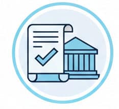 Checklist document with checkmark next to a classical building with columns, representing compliance or approval.