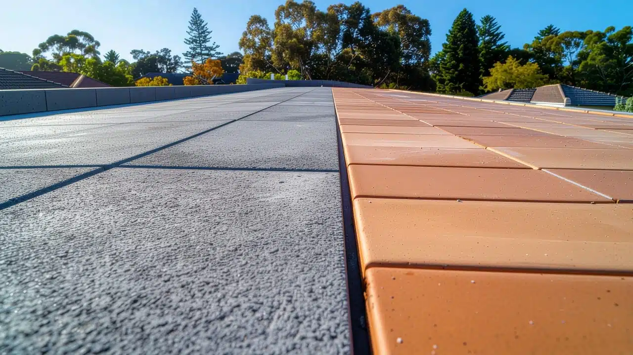 Close-up of a flat roof surface beside orange roof tiles