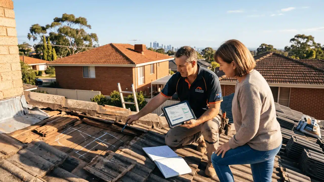 Roofer showing documents to a woman on a tiled roof