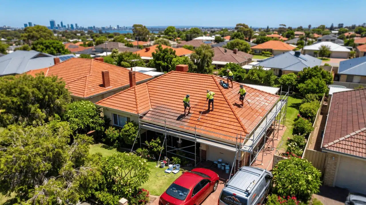 Aerial view of roofers repairing an orange tiled roof