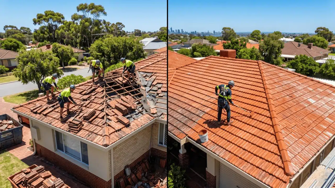 Aerial view of roofers replacing orange roof tiles