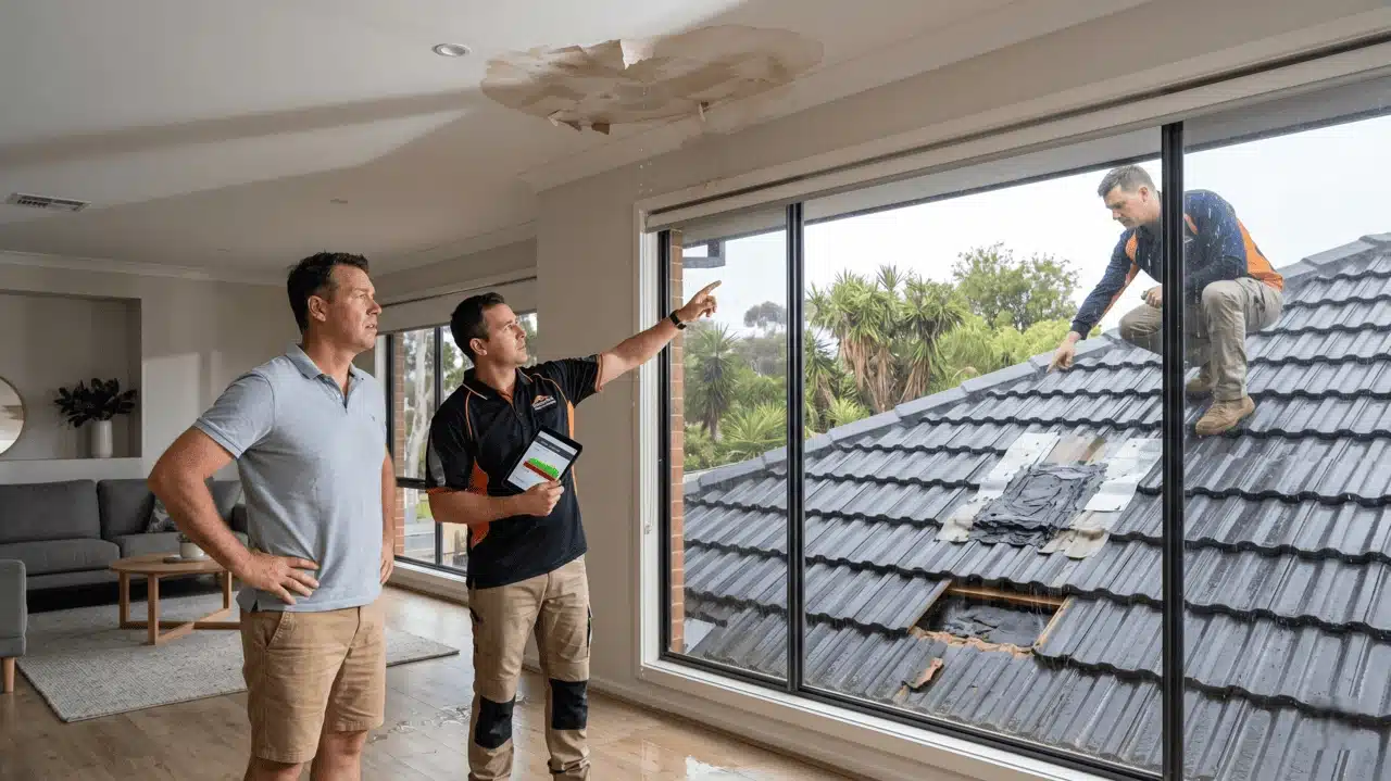 Two people indoors watching a roofer work outside a window